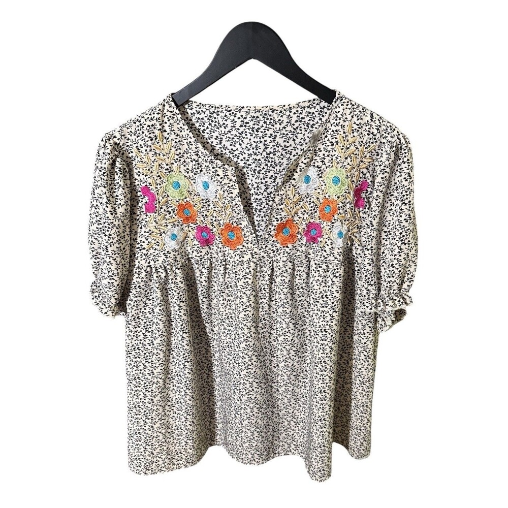 Boho Floral Embroidered Baby Doll Blouse Black White Ivory Print Top 4XL